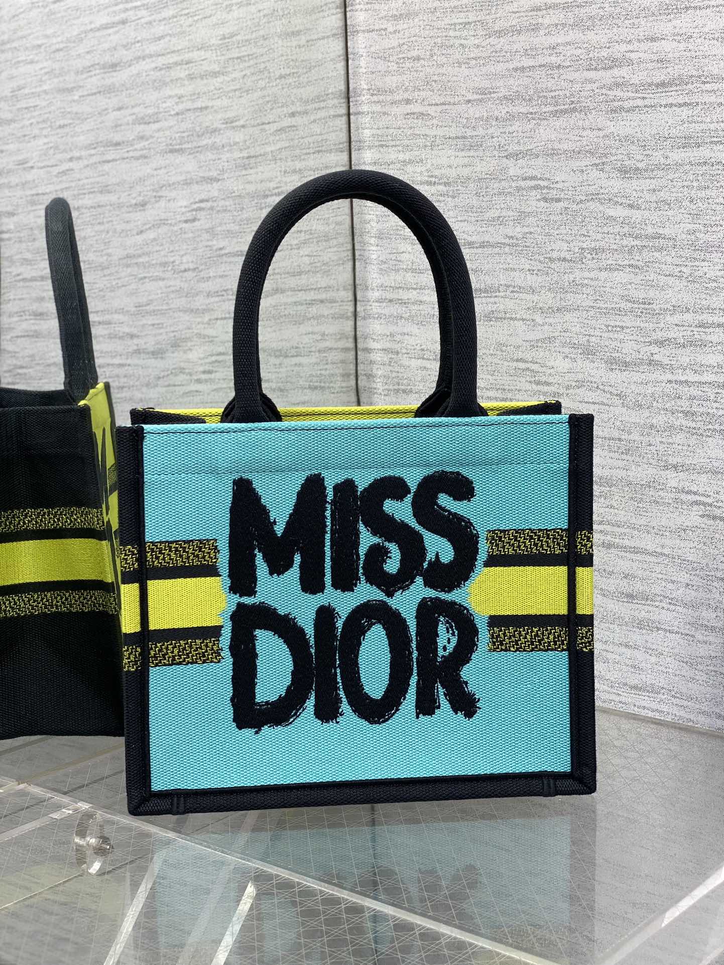 Small Dior Book Tote Bag Two-Tone Green and Blue Miss Dior Graffiti Embroidery